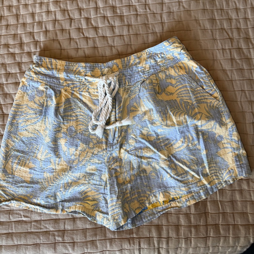 Free People High-Waist Tropical Shorts in Light Blue and Pale Yellow